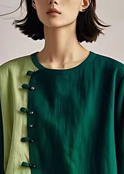 Dull Green Patchwork Linen Blouse Top Chinese Button Summer