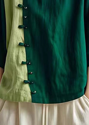 Dull Green Patchwork Linen Blouse Top Chinese Button Summer