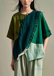 Dull Green Patchwork Linen Blouse Tops Asymmetrical Summer