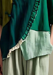 Dull Green Patchwork Linen Blouse Tops Asymmetrical Summer