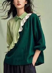 Dull Green Patchwork Linen Shirts Ruffled Spring