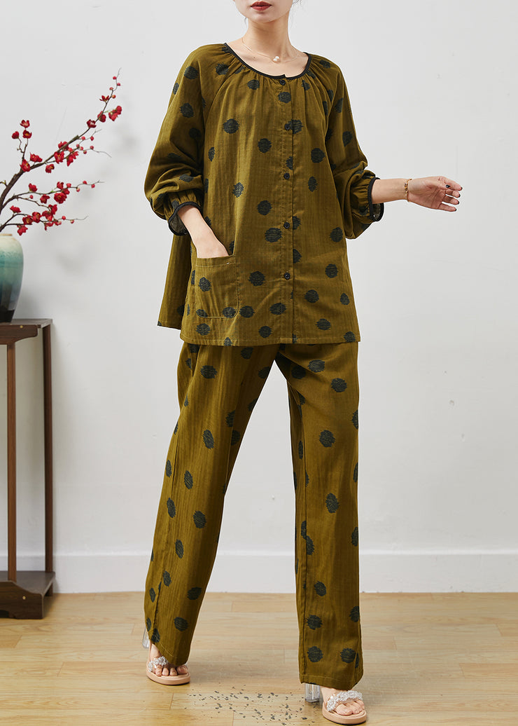 Dull Green Print Cotton Two Pieces Set Oversized Fall
