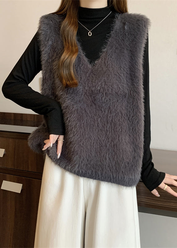 Dull Grey Thick Faux Fur Vest Tops V Neck Fall