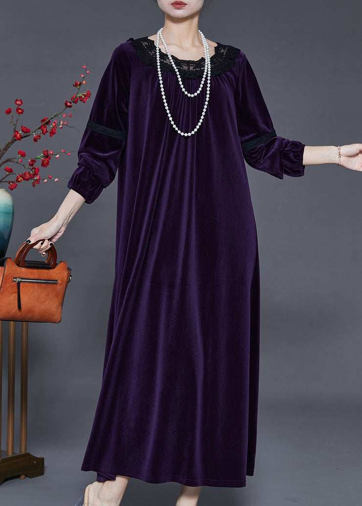 Dull Purple Patchwork Silk Velvet Long Dress Oversized Fall