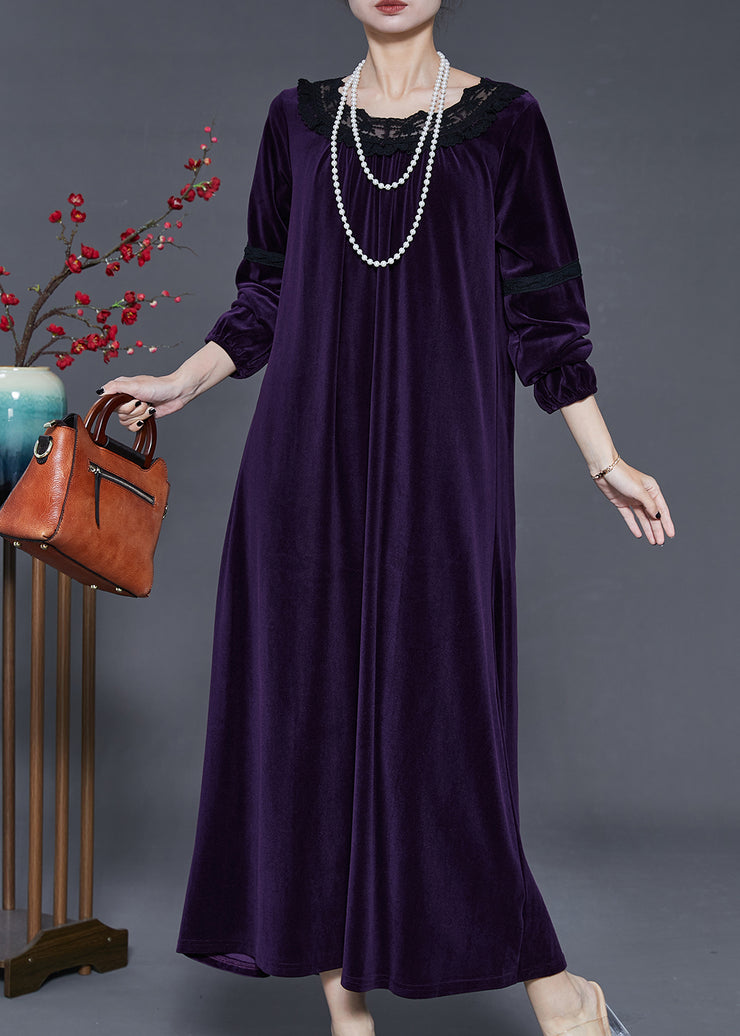 Dull Purple Patchwork Silk Velvet Long Dress Oversized Fall