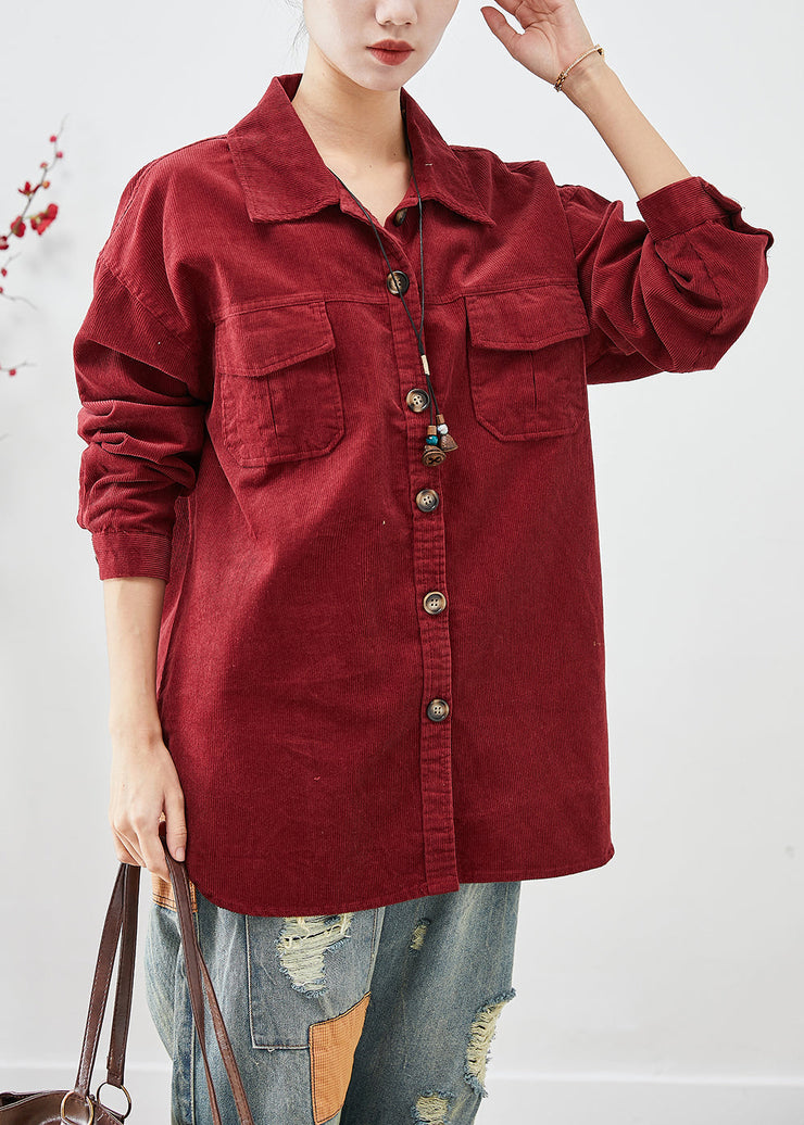 Dull Red Corduroy Shirt Coats Oversized Button Down Fall