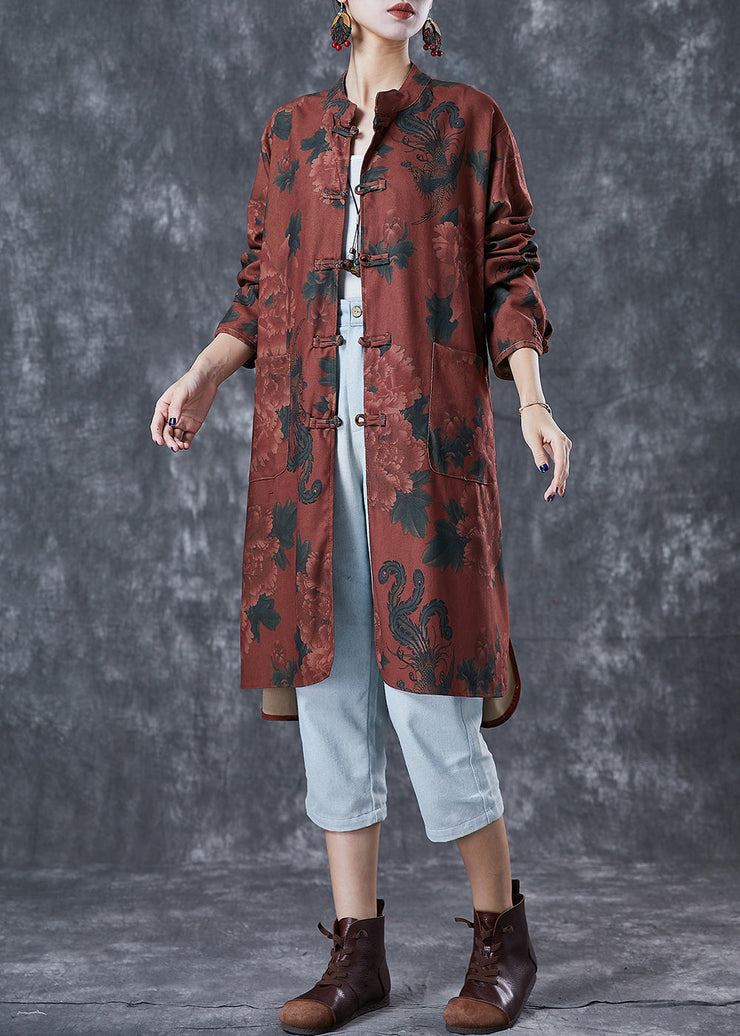 Dull Red Floral Print Linen Chinese Style Shirt Dress Fall