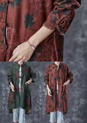 Dull Red Floral Print Linen Chinese Style Shirt Dress Fall