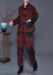 Dull Red Jacquard Cotton Two Piece Set Outfits Chinese Button Spring