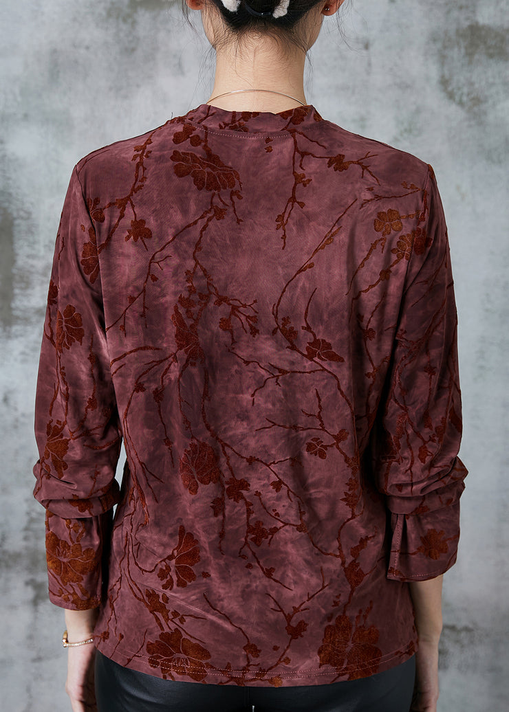 Dull Red Jacquard Silk Velour Shirt Silm Fit Spring