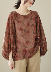 Dull Red Print Cotton Shirts Oversized Lantern Sleeve