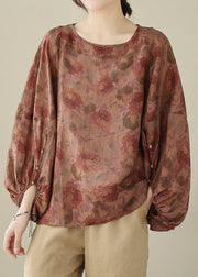 Dull Red Print Cotton Shirts Oversized Lantern Sleeve