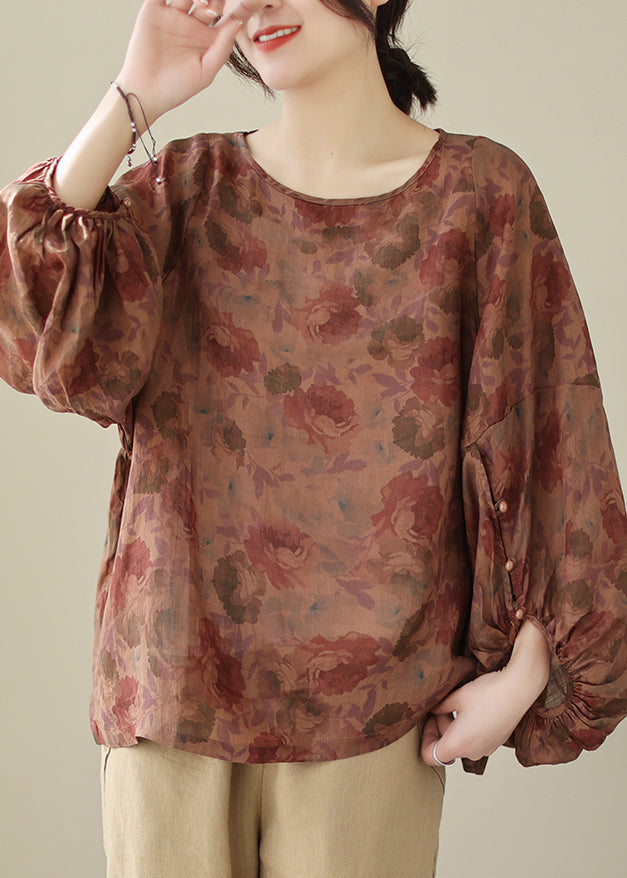 Dull Red Print Cotton Shirts Oversized Lantern Sleeve