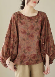 Dull Red Print Cotton Shirts Oversized Lantern Sleeve