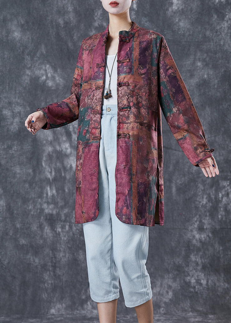 Dull Red Tie Dye Linen Long Shirt Chinese Button Fall