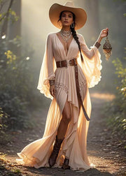 Elegant Apricot Asymmetrical Design Draping Vestidos Dress Flare Sleeve