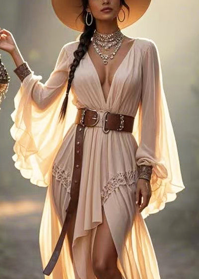 Elegant Apricot Asymmetrical Design Draping Vestidos Dress Flare Sleeve