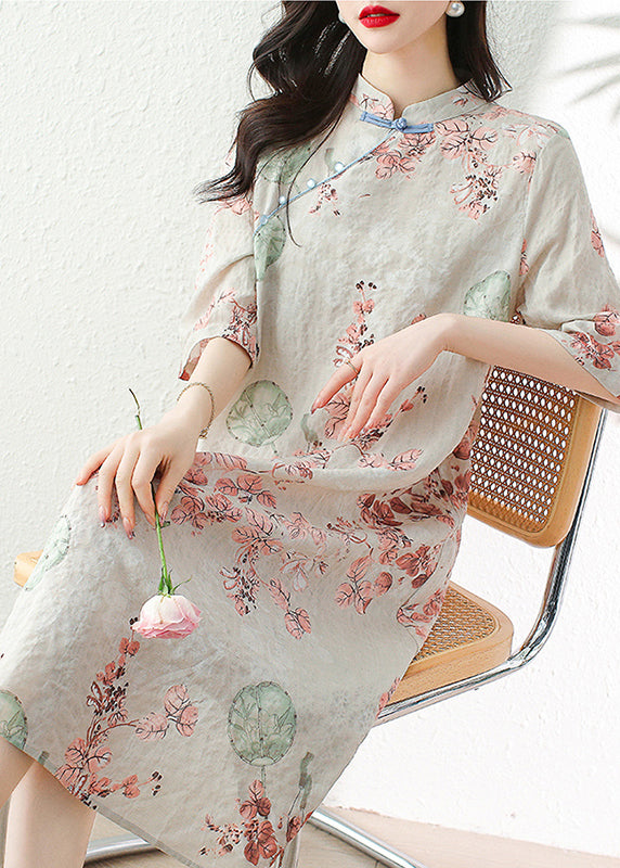 Elegant Apricot Button Print Linen Dress Half Sleeve