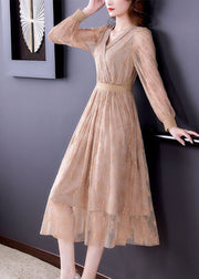 Elegant Apricot Elastic Waist Hollow Out Lace Dress Spring