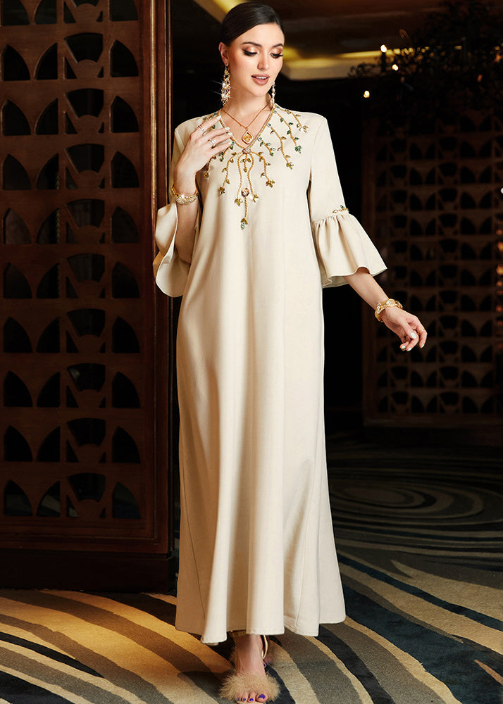 Elegant Apricot Embroidered Chiffon Long Dress Flare Sleeve