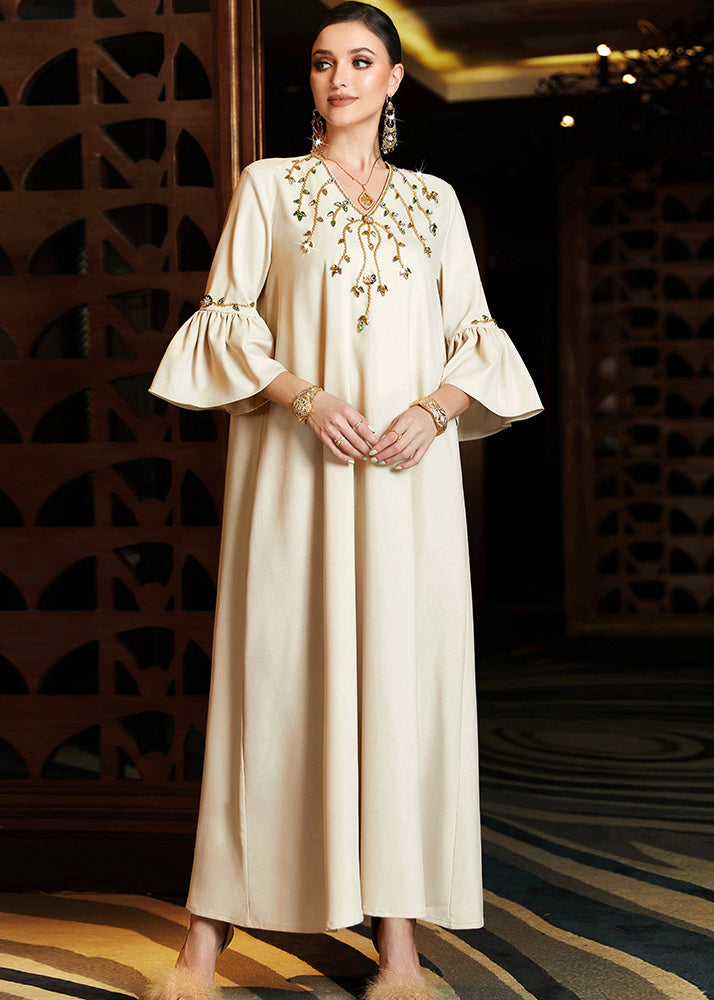 Elegant Apricot Embroidered Chiffon Long Dress Flare Sleeve