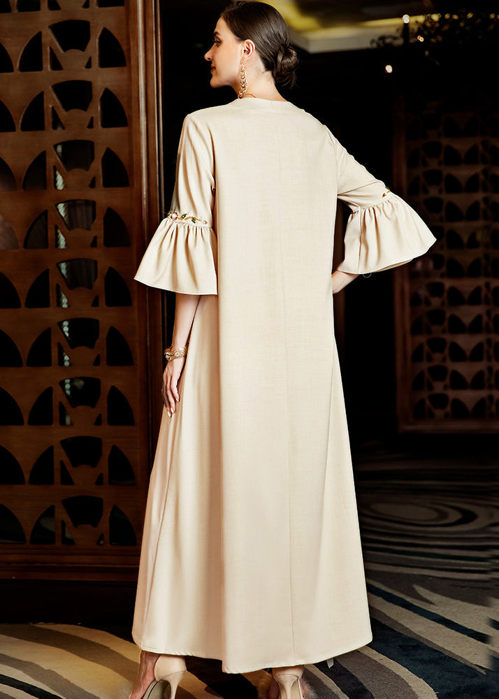 Elegant Apricot Embroideried Chiffon Long Dress Flare Sleeve