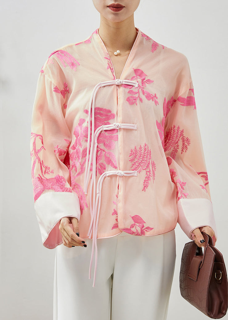 Elegant Apricot Embroideried Tasseled Silk Shirts Fall