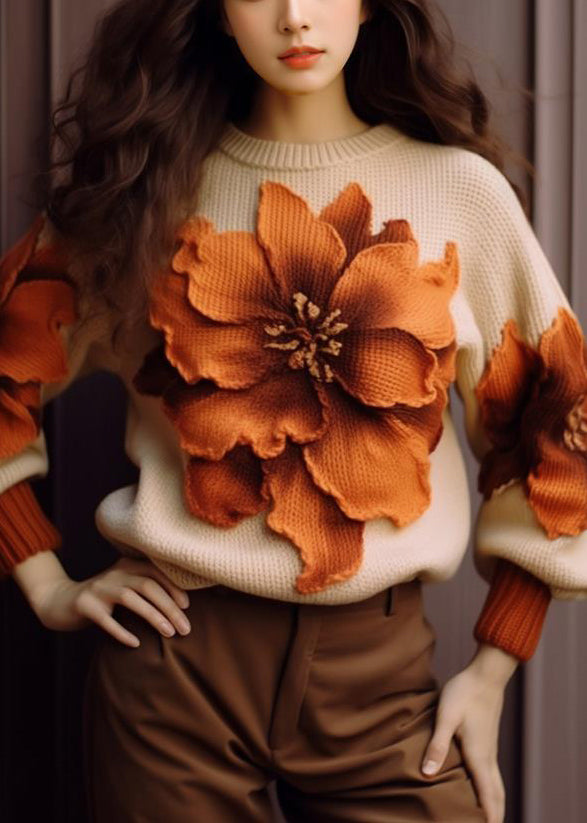 Elegant Apricot Floral  Cozy Knit Sweaters Fall