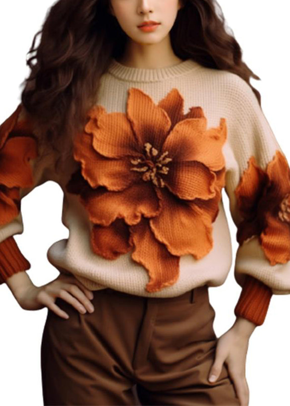 Elegant Apricot Floral  Cozy Knit Sweaters Fall