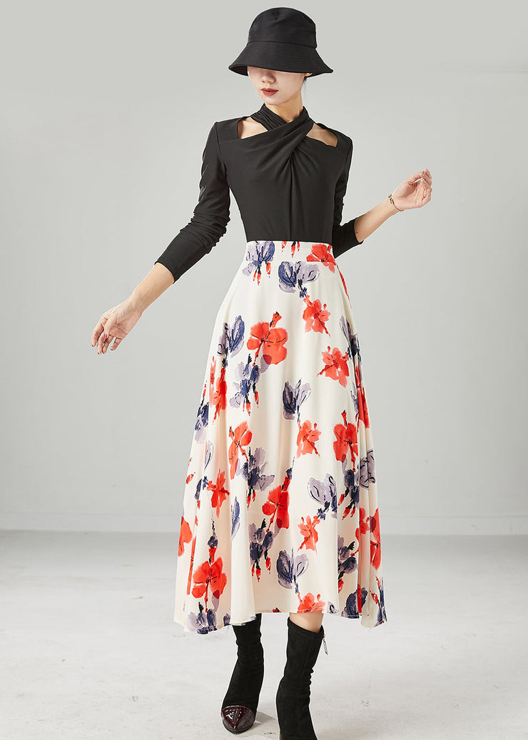 Elegant Apricot High Waist Print Chiffon A Line Skirts Summer