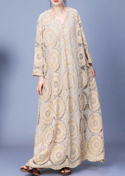 Elegant Apricot Hollow Out Lace Patchwork Cotton Long Dress Spring