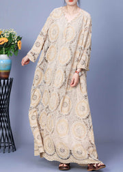 Elegant Apricot Hollow Out Lace Patchwork Cotton Long Dress Spring