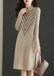 Elegant Apricot O Neck Print Zircon Patchwork Knit Dress Fall