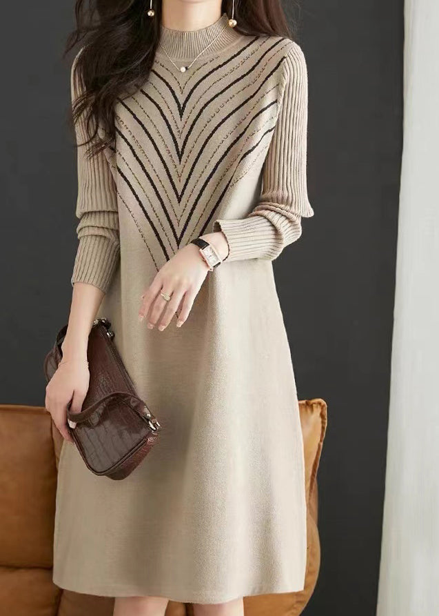 Elegant Apricot O Neck Print Zircon Patchwork Knit Dress Fall