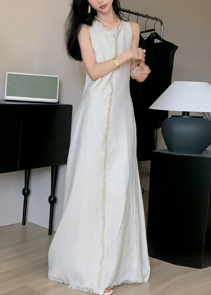 Elegant Apricot O-Neck Solid Cotton Long Dress Sleeveless