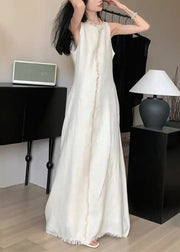 Elegant Apricot O-Neck Solid Cotton Long Dress Sleeveless