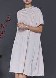 Elegant Apricot O-Neck Wrinkled Cotton Dresses Summer