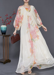 Elegant Apricot Oversized Print Chiffon Vacation Dresses Lantern Sleeve