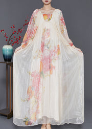 Elegant Apricot Oversized Print Chiffon Vacation Dresses Lantern Sleeve