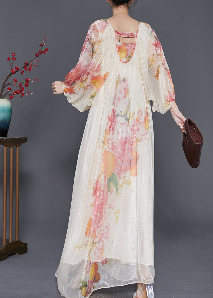 Elegant Apricot Oversized Print Chiffon Vacation Dresses Lantern Sleeve