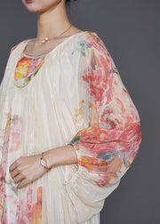 Elegant Apricot Oversized Print Chiffon Vacation Dresses Lantern Sleeve