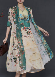 Elegant Apricot Print Chiffon Fake Two Piece Dress Summer