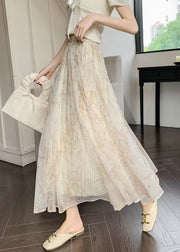 Elegant Apricot Print Elastic Waist Chiffon Skirts Summer