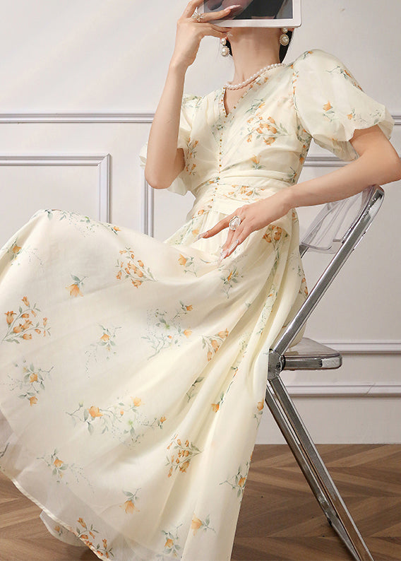 Elegant Apricot Print High Waist Chiffon Dress Summer
