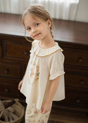 Elegant Apricot Print Kids Girls Shirt Puff Sleeve
