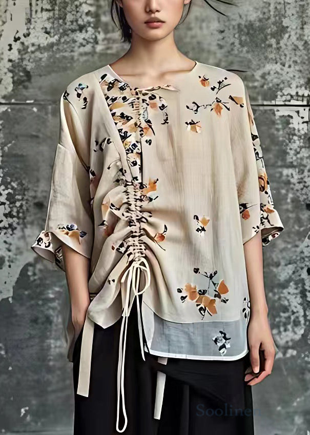 Elegant Apricot Print Lace Up Cotton Blouses Half Sleeve