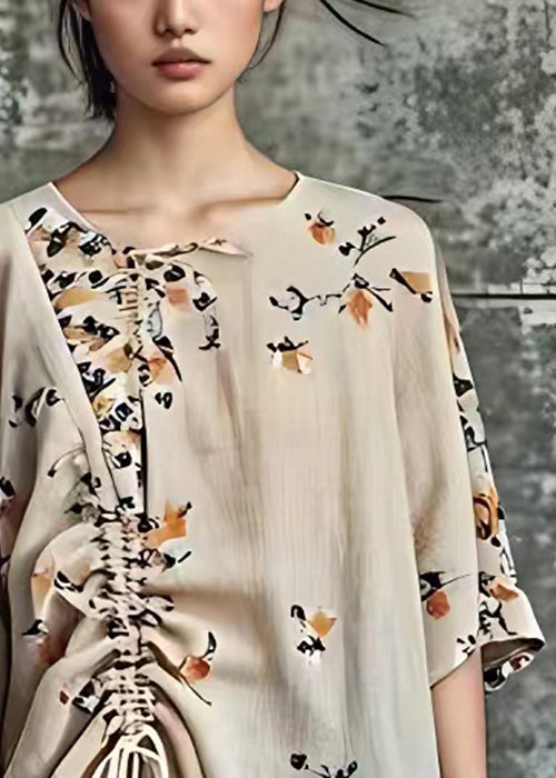 Elegant Apricot Print Lace Up Cotton Blouses Half Sleeve