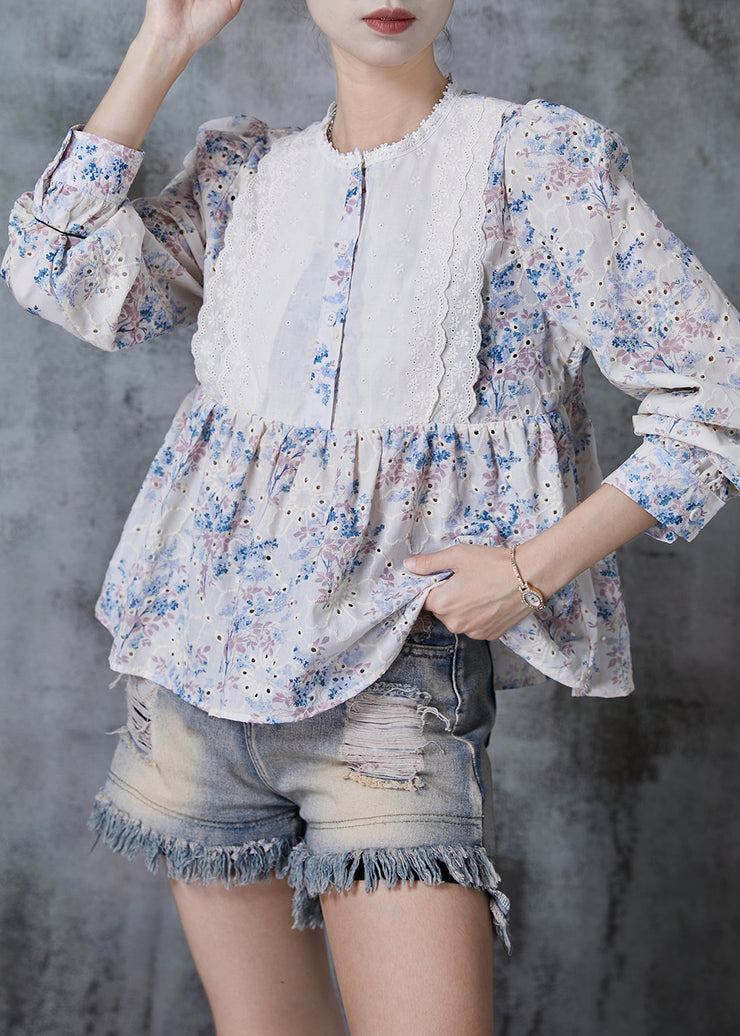 Elegant Apricot Print Patchwork Lace Cotton Shirt Summer