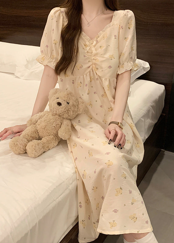 Elegant Apricot Print Ruffled Cotton Pajamas Dress V Neck Summer