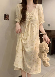 Elegant Apricot Print Ruffled Cotton Pajamas Dress V Neck Summer